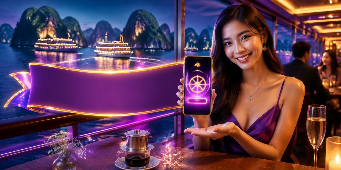 Người dùng tại Vịnh Hạ Long thư giãn với casino mobile và cà phê buổi chiều