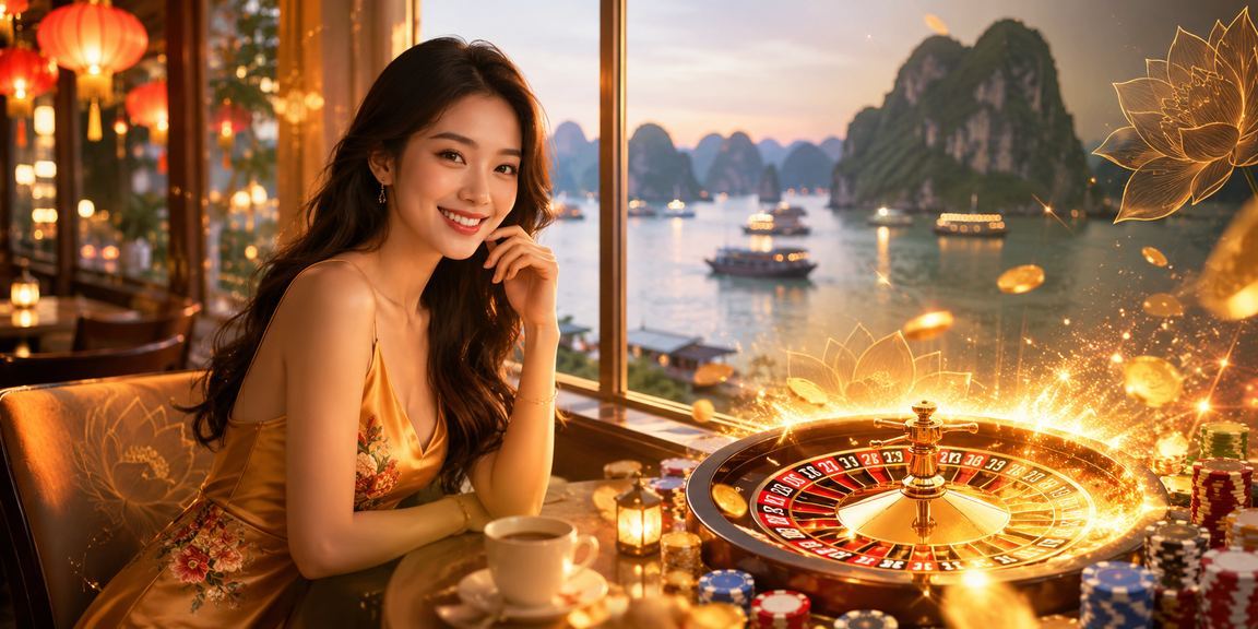 Người chơi roulette trực tuyến bên bờ vịnh Hạ Long với ly cà phê Việt